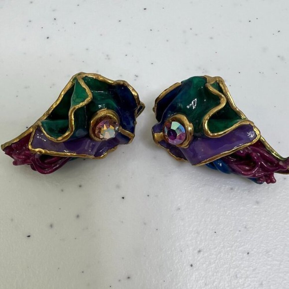 Amy Lacombe Earrings 1980 Vintage Ruffle Blue Green‎ Purple Art Rhinestone Gold